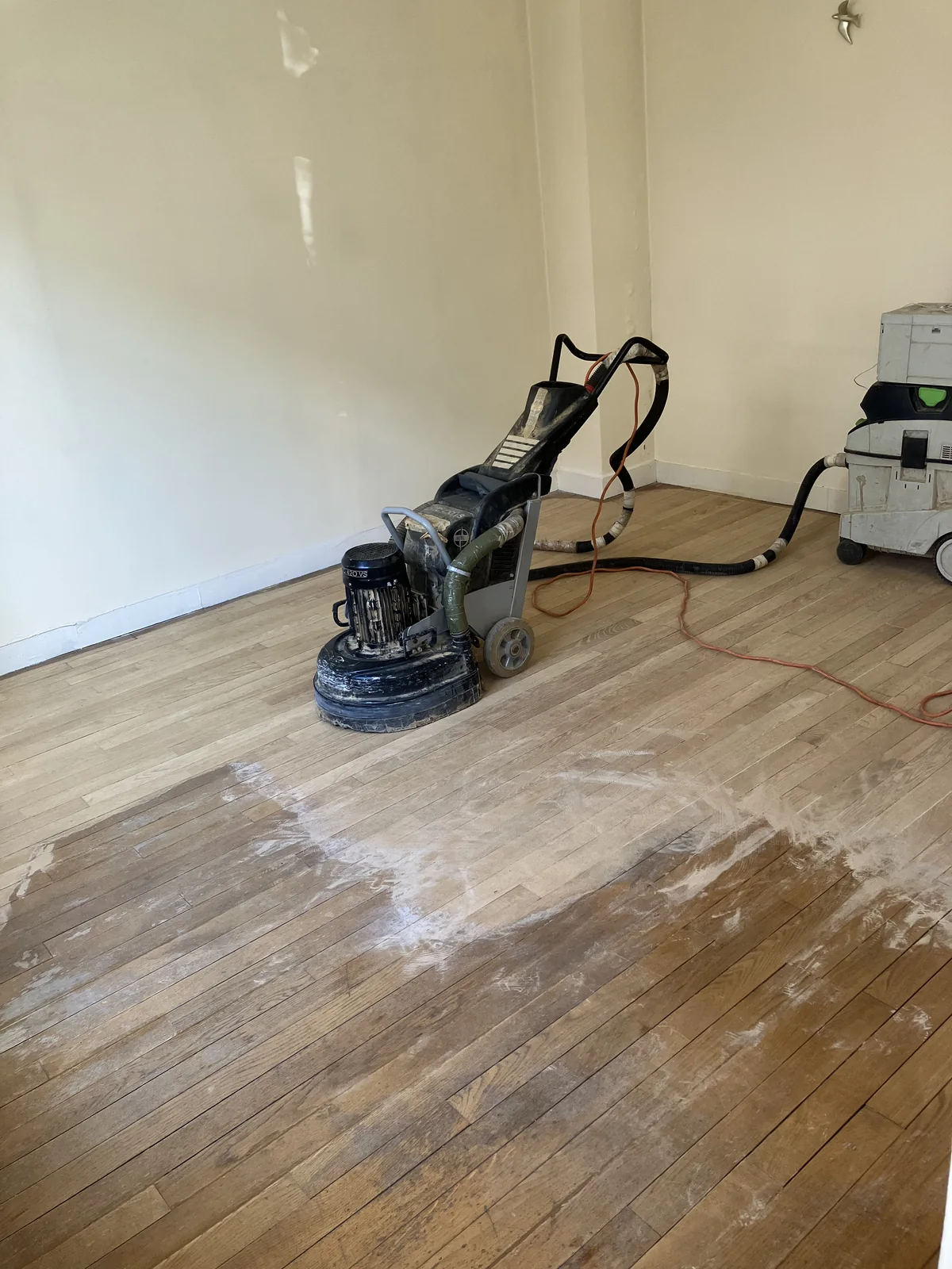 Parquet en chêne massif sous un vernis ancien foncé, en cours de ponçage à la machine planétaire. Clamart (92140).
