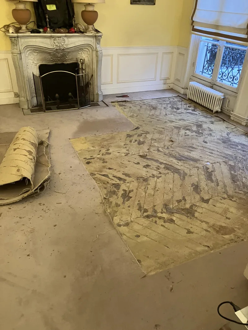 Salon Paris 16e avant ponçage — moquette arrachée, colle noire sur parquet point de Hongrie haussmannien